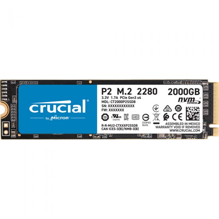 Crucial P2 - 2TB PCIe NVMe Gen-3.0 x4 3D TLC NAND SLC Cache M.2 NGFF (2280)  Solid State Drive - CT2000P2SSD8